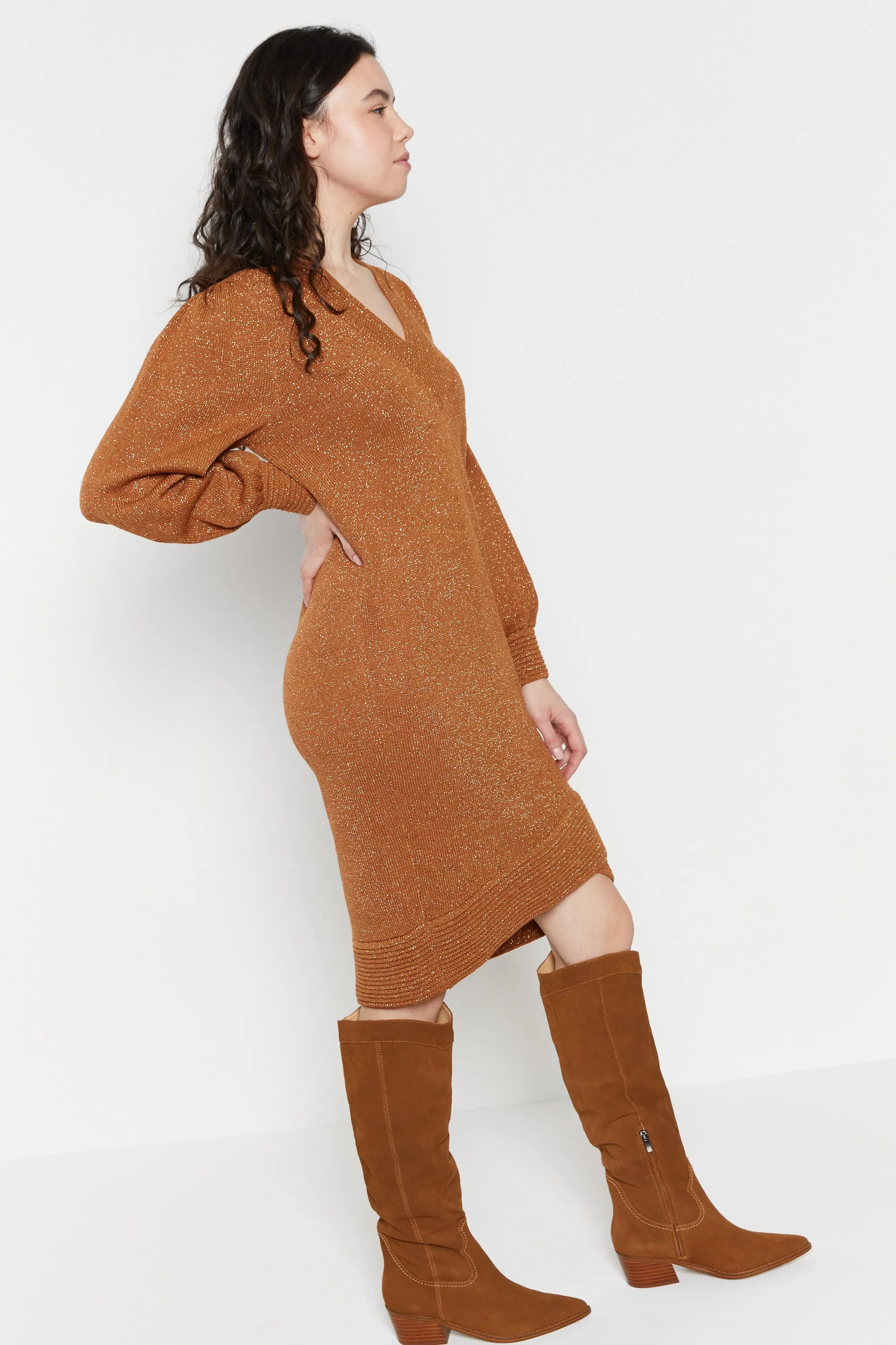 80s Copper Metallic Thread Sweater Dress S