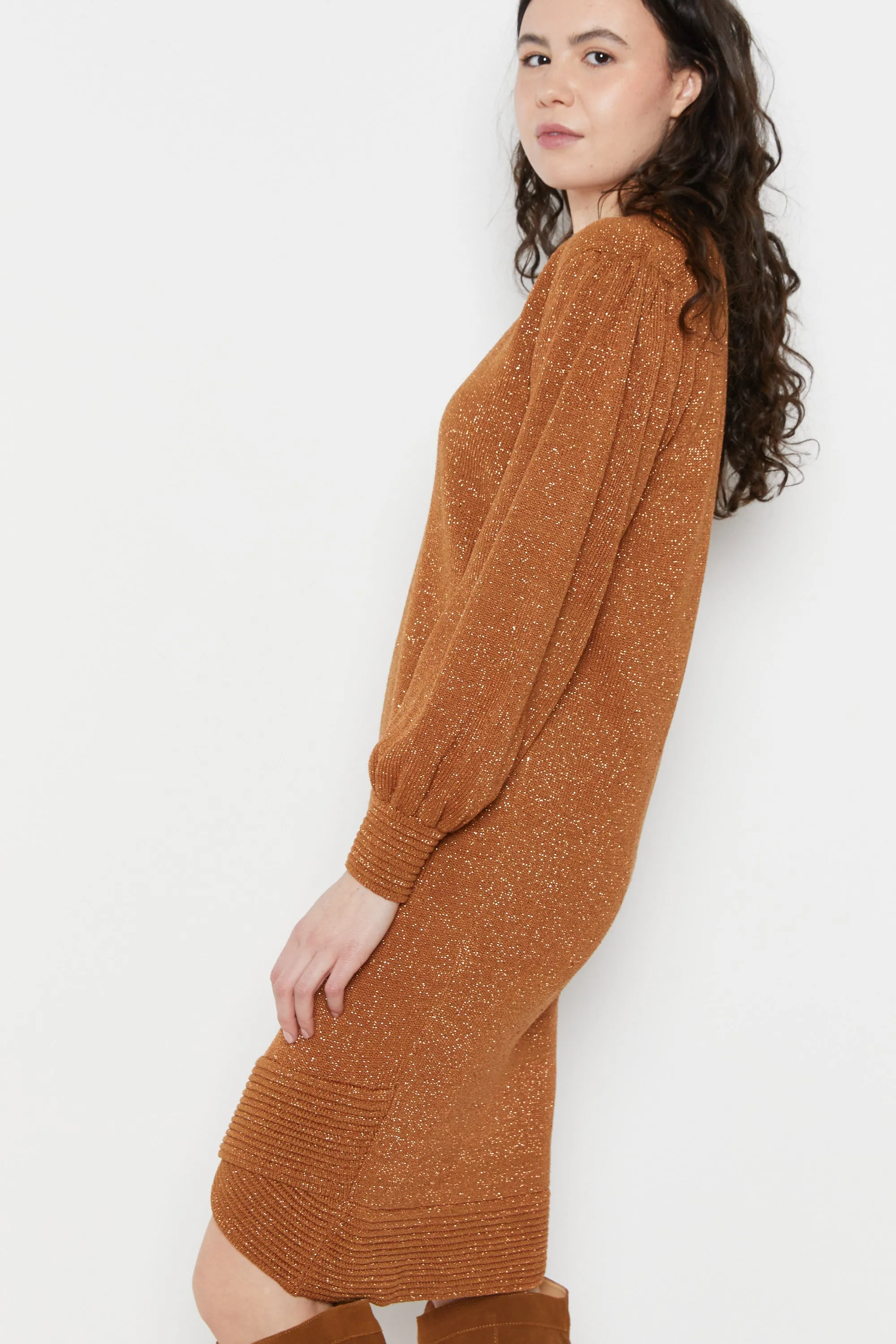 80s Copper Metallic Thread Sweater Dress S