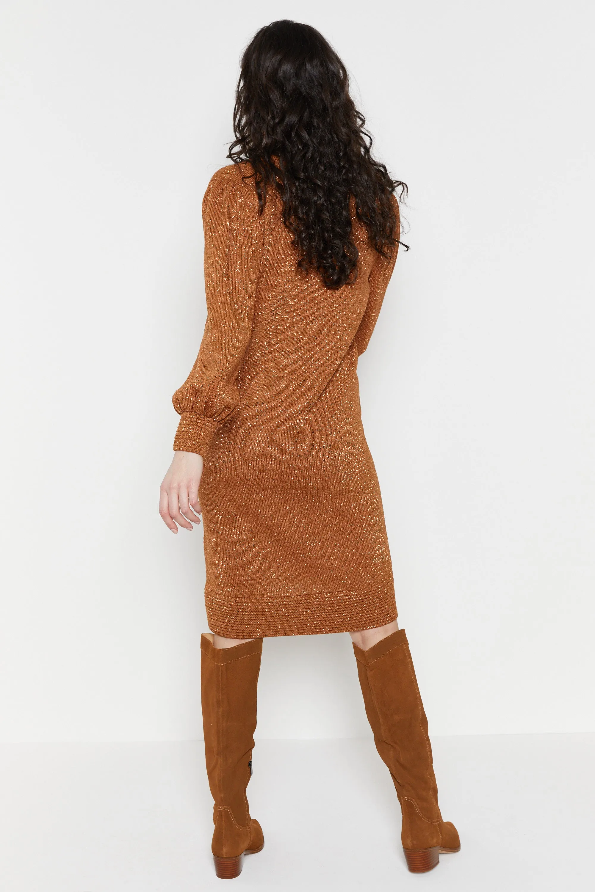 80s Copper Metallic Thread Sweater Dress S