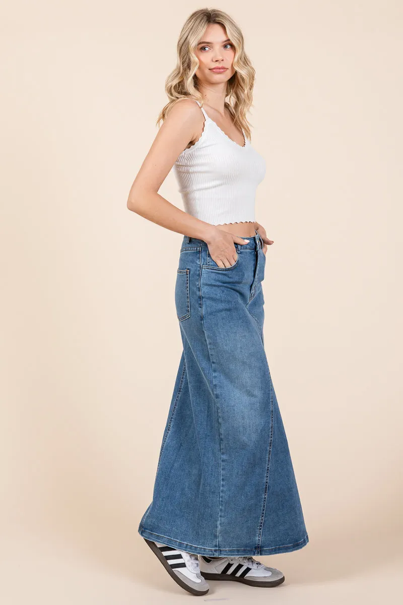 A line Paneled Denim Long Maxi Skirt