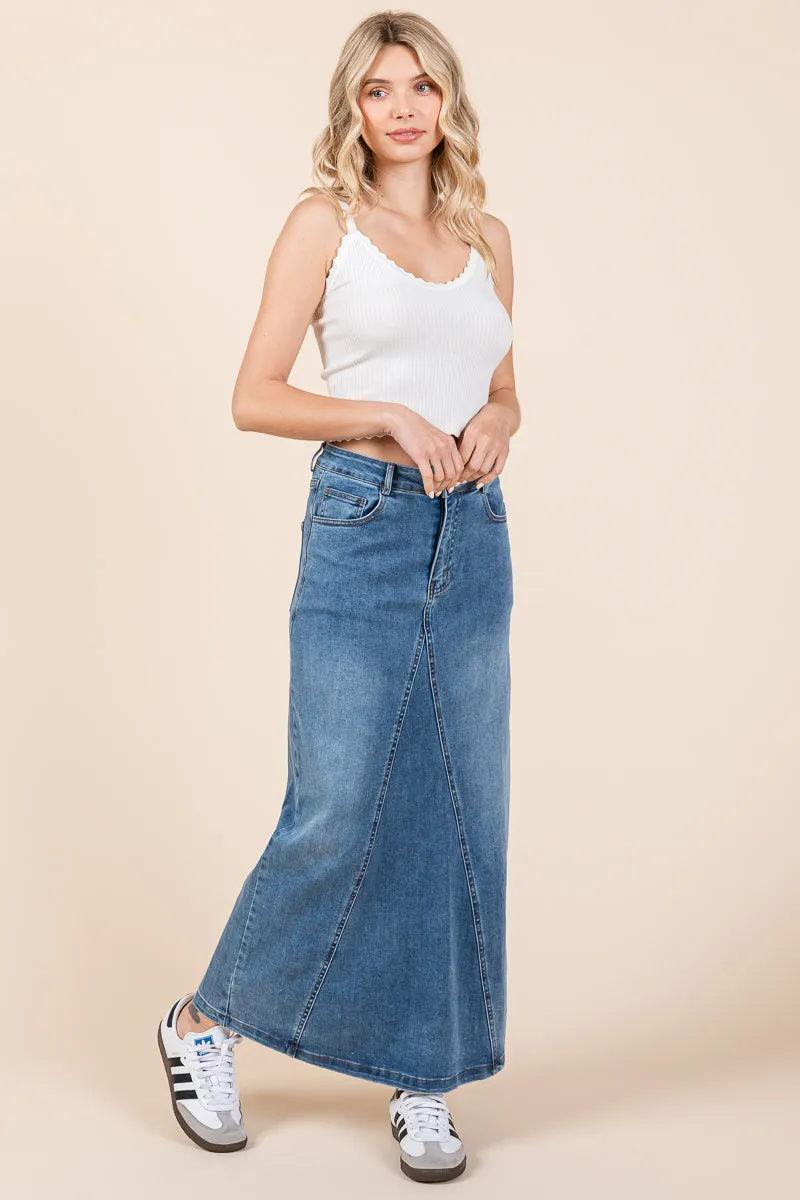 A line Paneled Denim Long Maxi Skirt