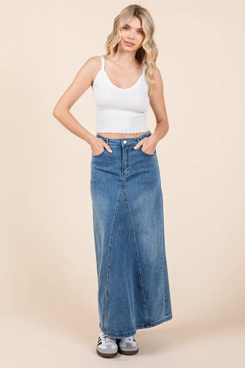 A line Paneled Denim Long Maxi Skirt