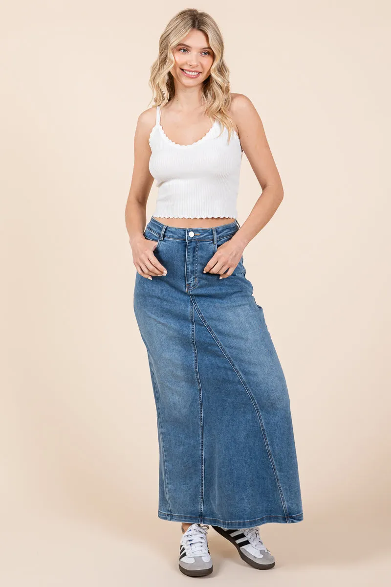 A line Paneled Denim Long Maxi Skirt