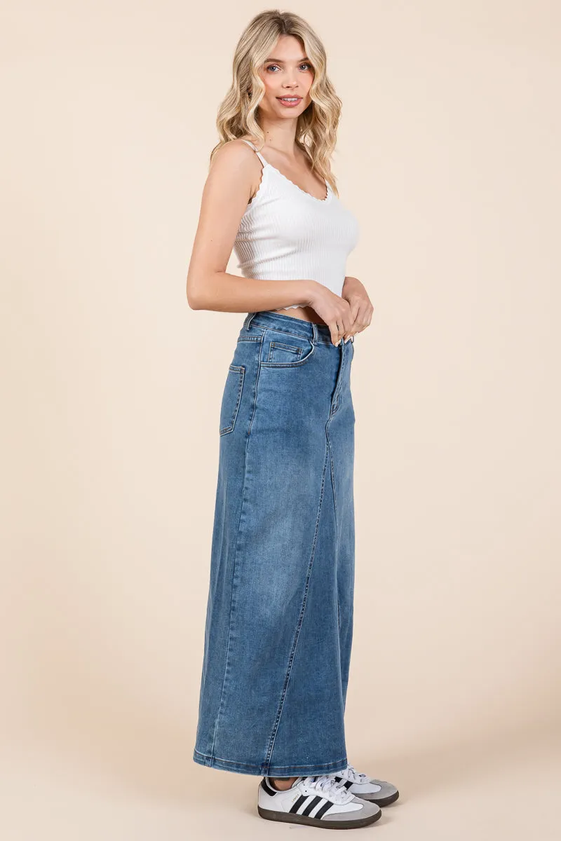 A line Paneled Denim Long Maxi Skirt