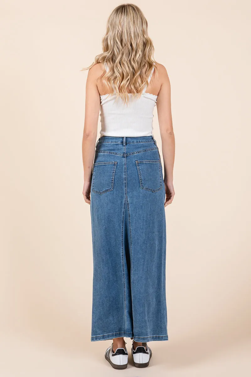 A line Paneled Denim Long Maxi Skirt