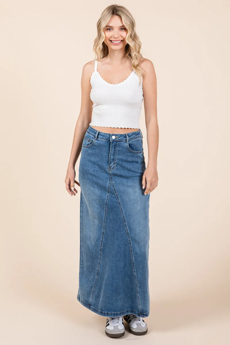 A line Paneled Denim Long Maxi Skirt