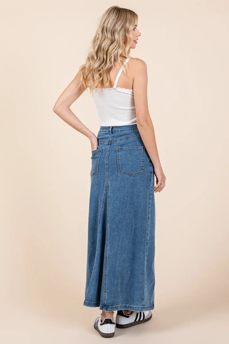 A line Paneled Denim Long Maxi Skirt