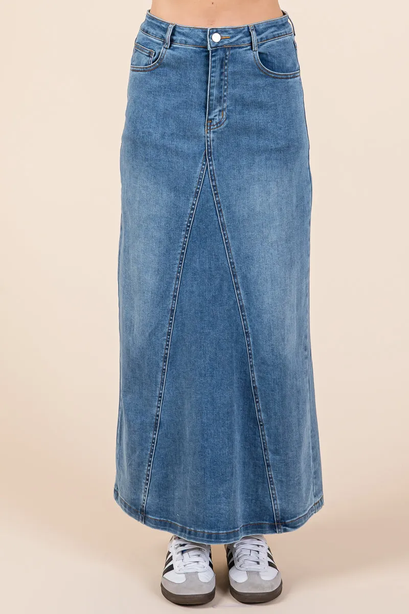 A line Paneled Denim Long Maxi Skirt