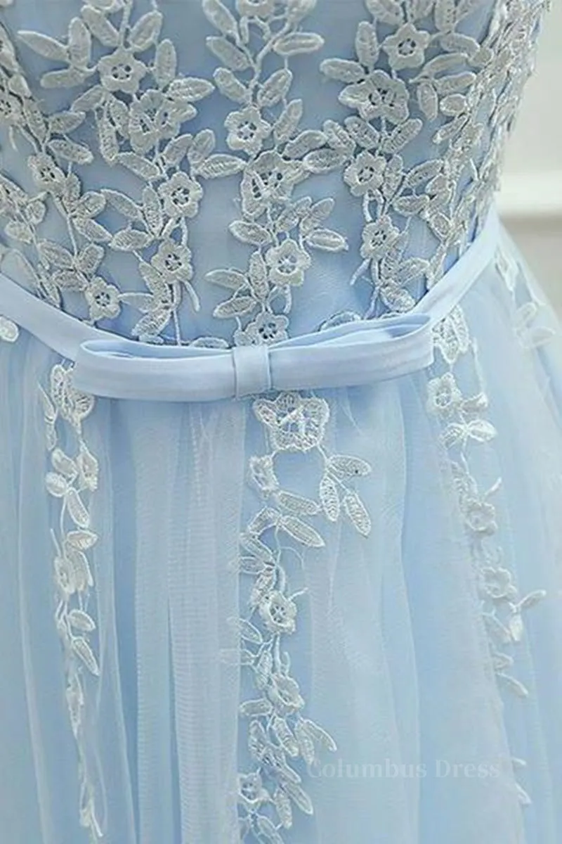 A Line Round Neck Lace Blue Short Prom Dress, Short Blue Lace Formal Graduation Homecoming Dress