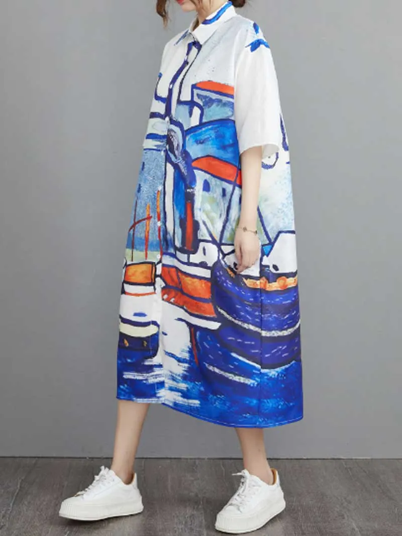 Abstract Art Print Short Sleeve A-Line Shirt Dress