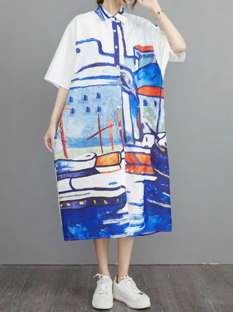 Abstract Art Print Short Sleeve A-Line Shirt Dress