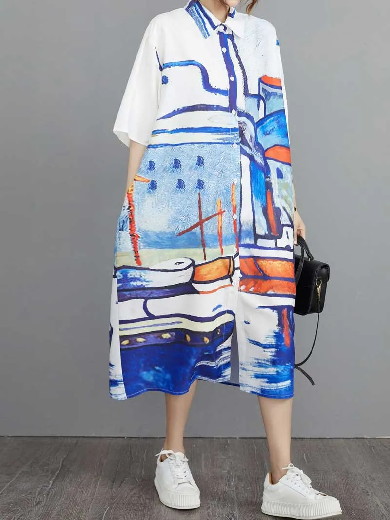 Abstract Art Print Short Sleeve A-Line Shirt Dress