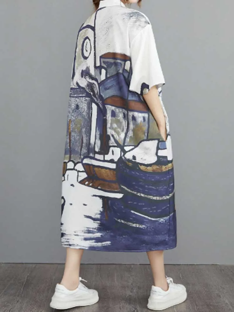 Abstract Art Print Short Sleeve A-Line Shirt Dress