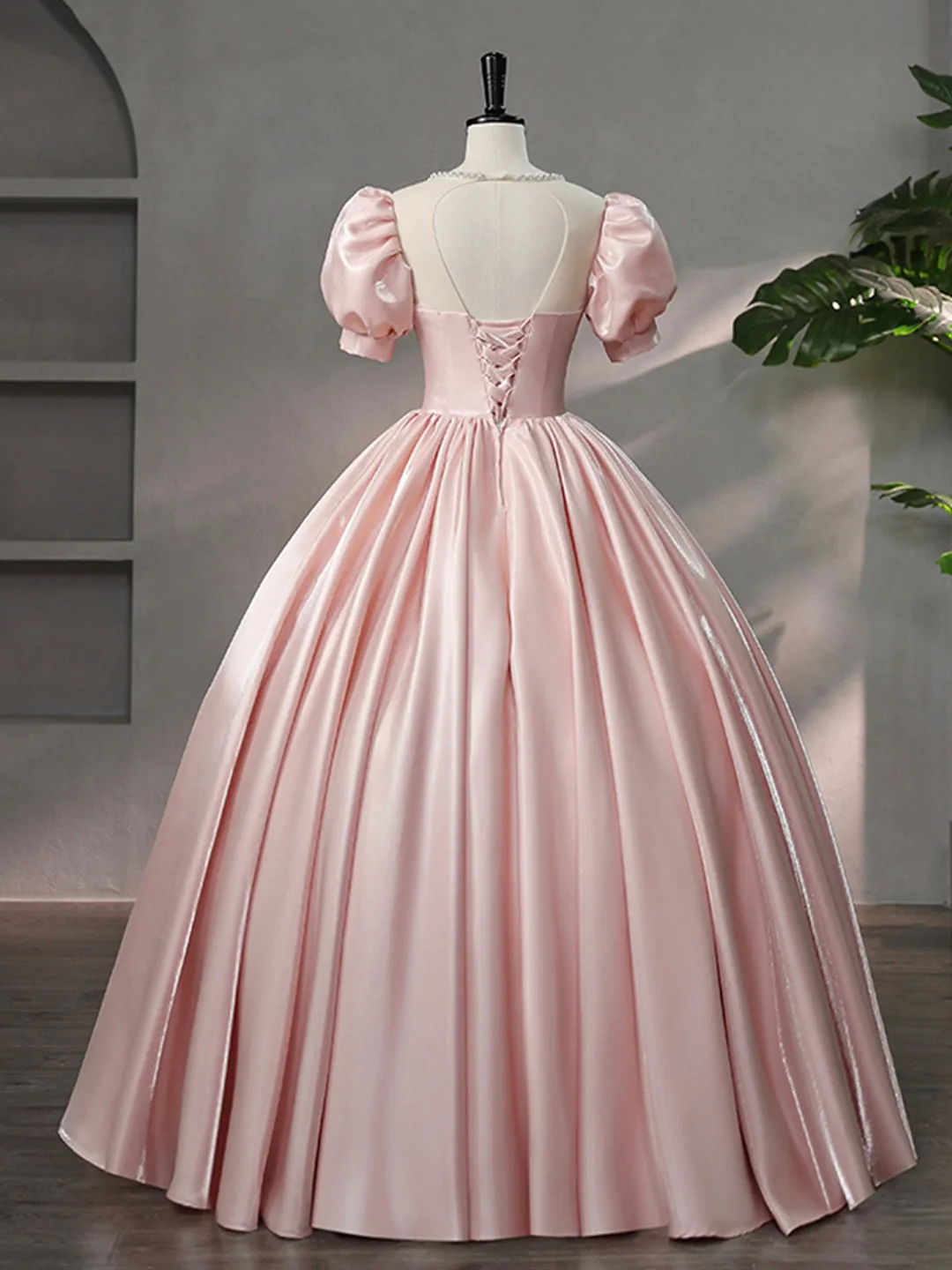 Beautiful Pink Scoop Neck Satin Floor Length Prom Dress, A-Line Short Sleeve Evening Dress with Bow