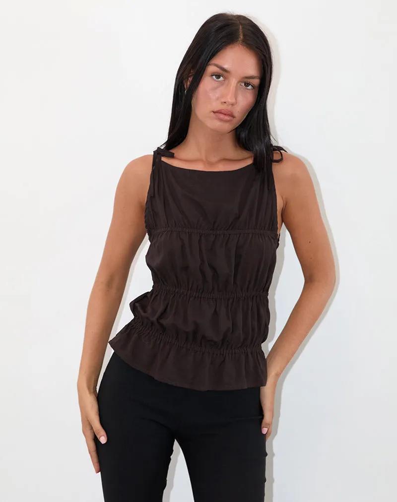 Beck Ruched Tie Strap Top in Bitter Chocolate