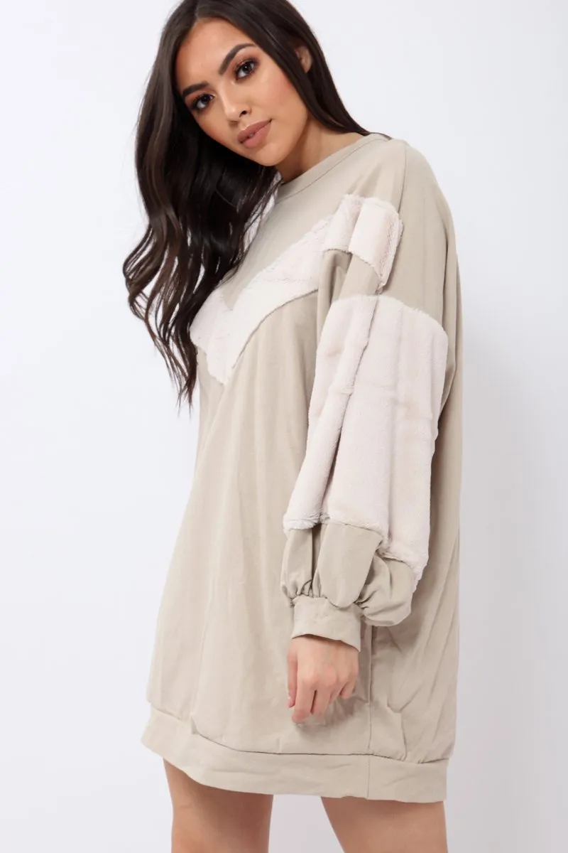 Beige Chevron Fur Jumper Dress - Esme