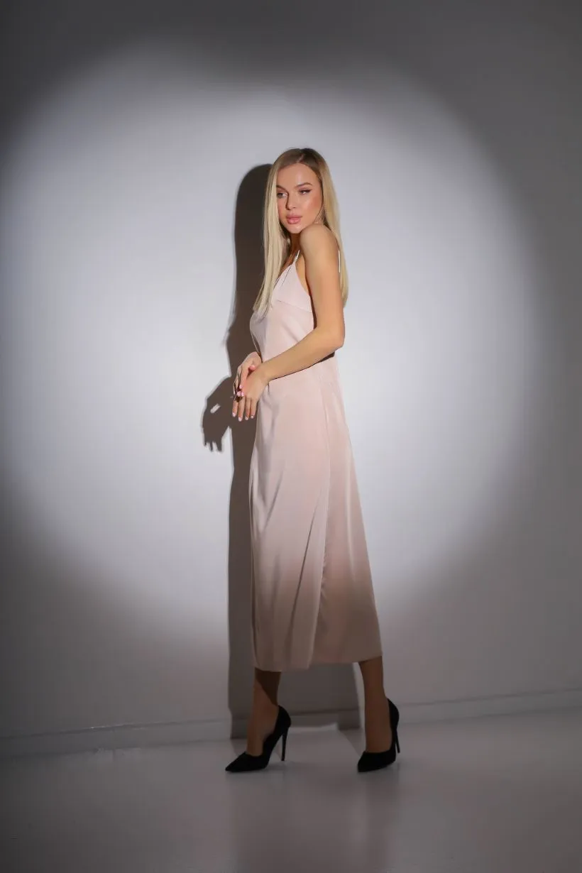 Beige Slip Satin Backless Dress