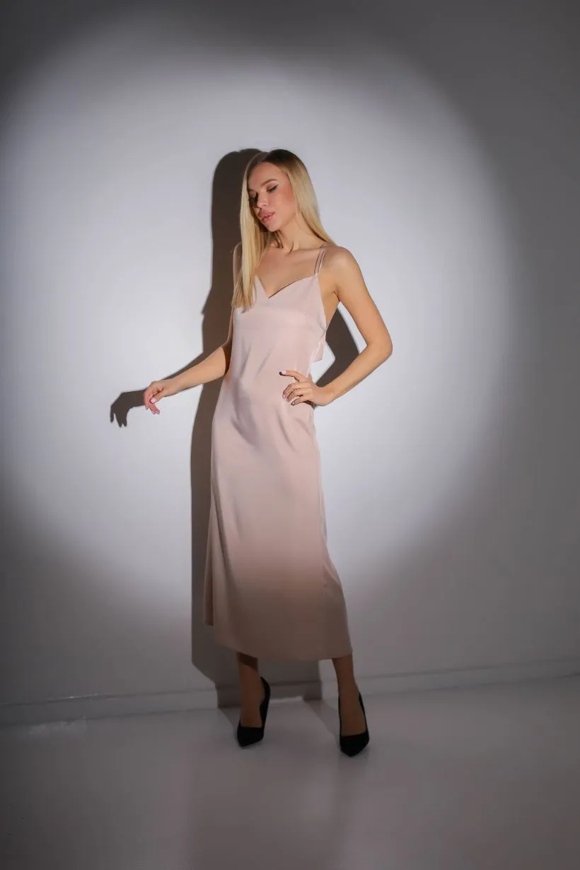 Beige Slip Satin Backless Dress