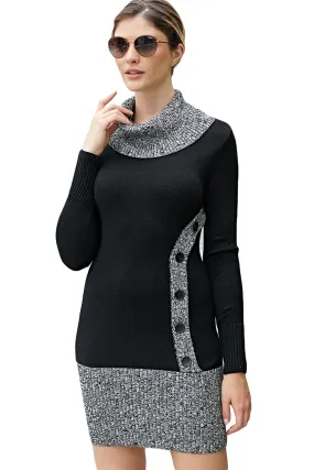 Black Gray Button Front Sweater Dress