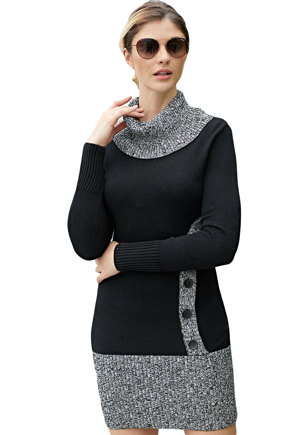 Black Gray Button Front Sweater Dress