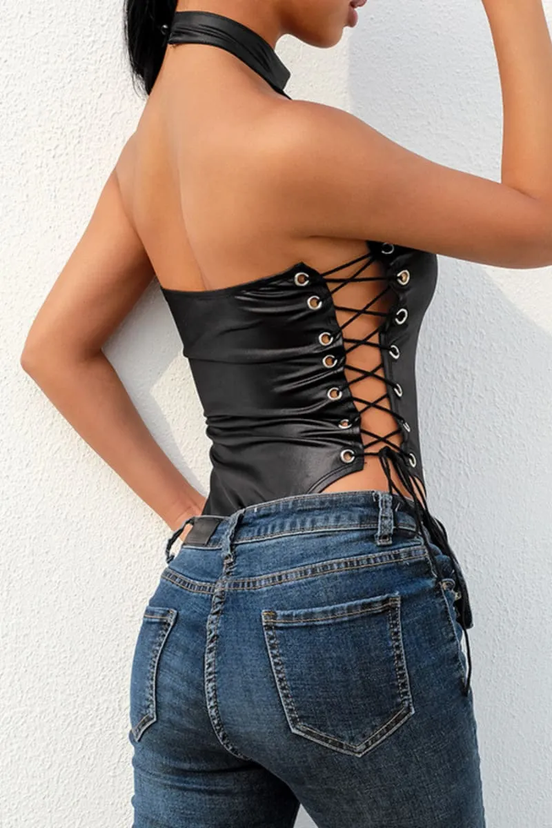 Black Leather Lace Up Mock Neck Bodysuit