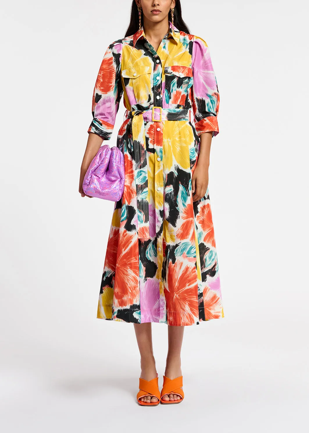 Black, orange and yellow floral print midi-length shirt dress