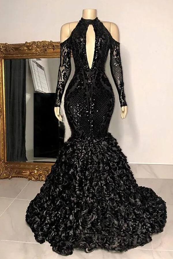 Black Sexy Keyhole Cool Shoulder Mermaid Flowers Prom Dresses