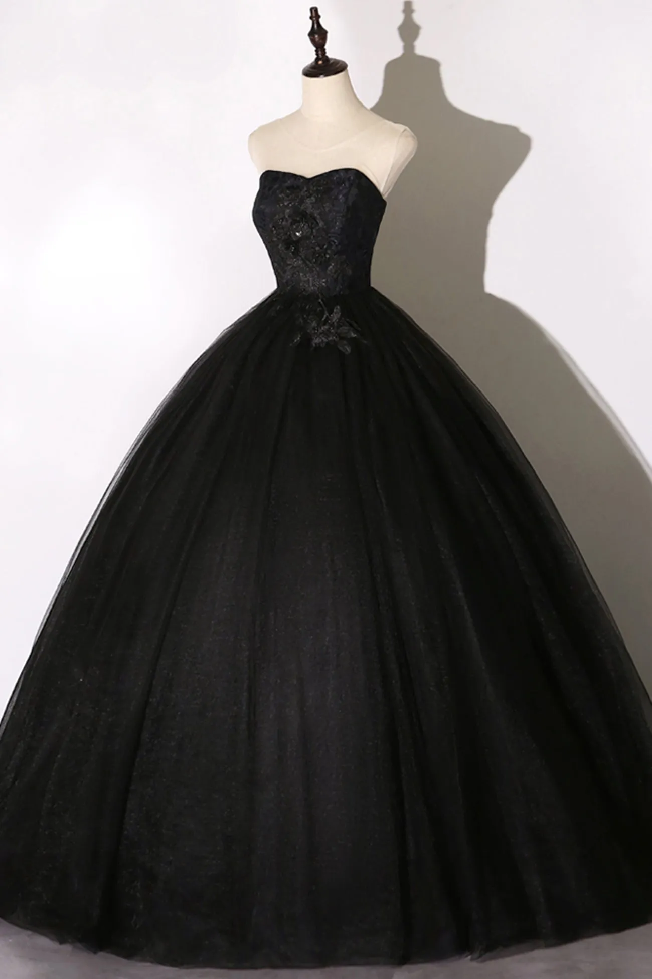 Black Tulle Lace Long Prom Dress, Black Scoop Neckline Evening Party Dress