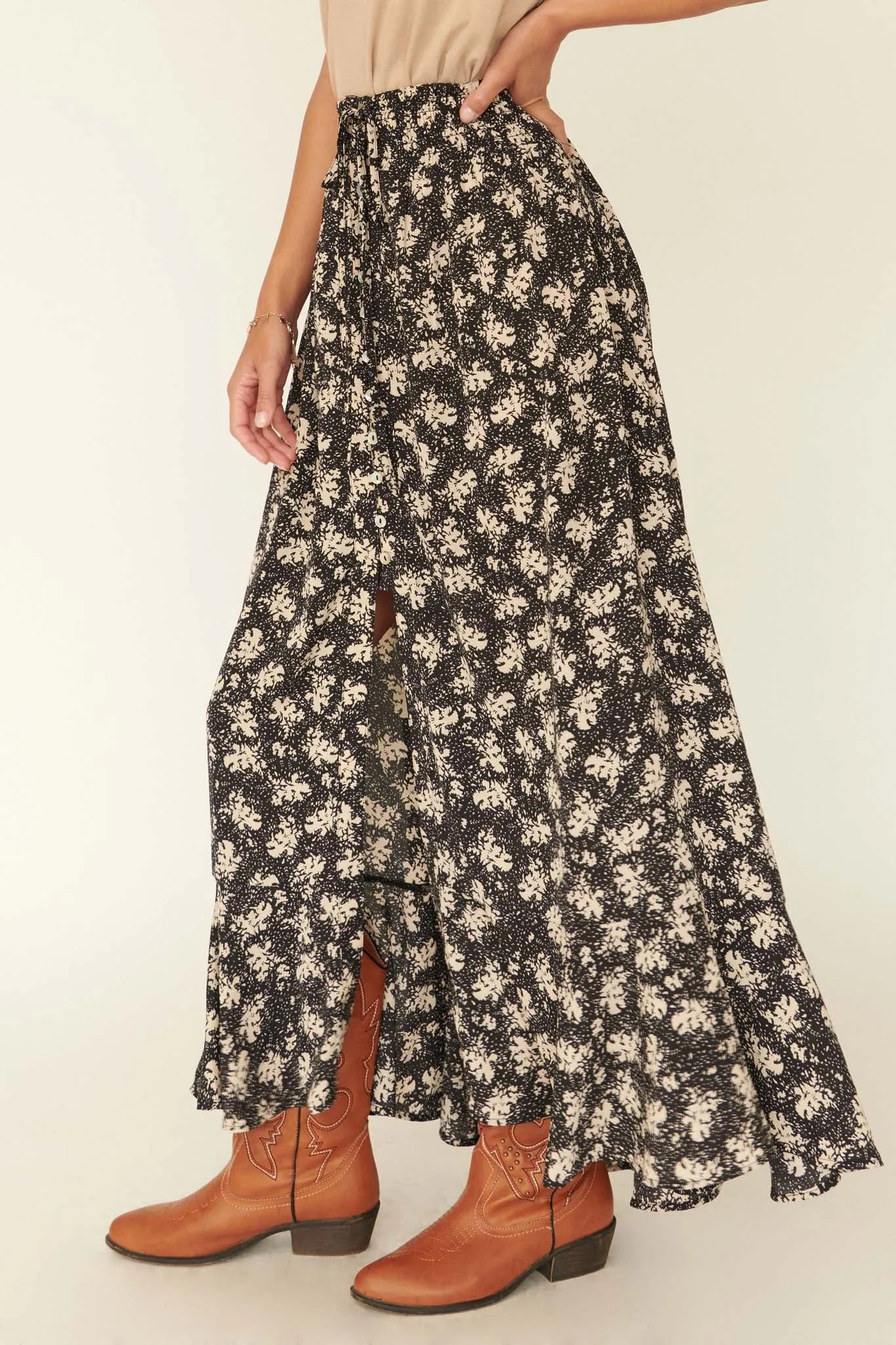 Blown Away Abstract Floral Button-Front Maxi Skirt