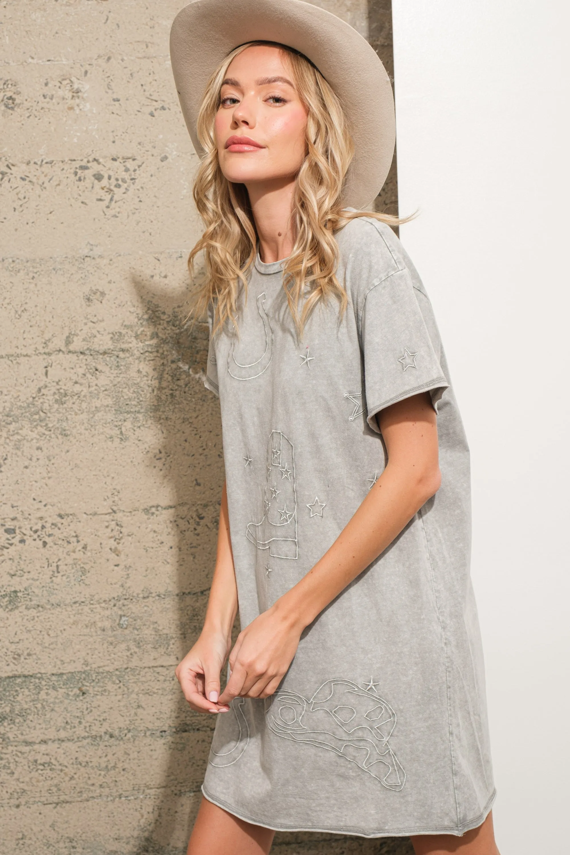 Blue B Solid Color T Shirt Dress with Western Embroidery in Grey