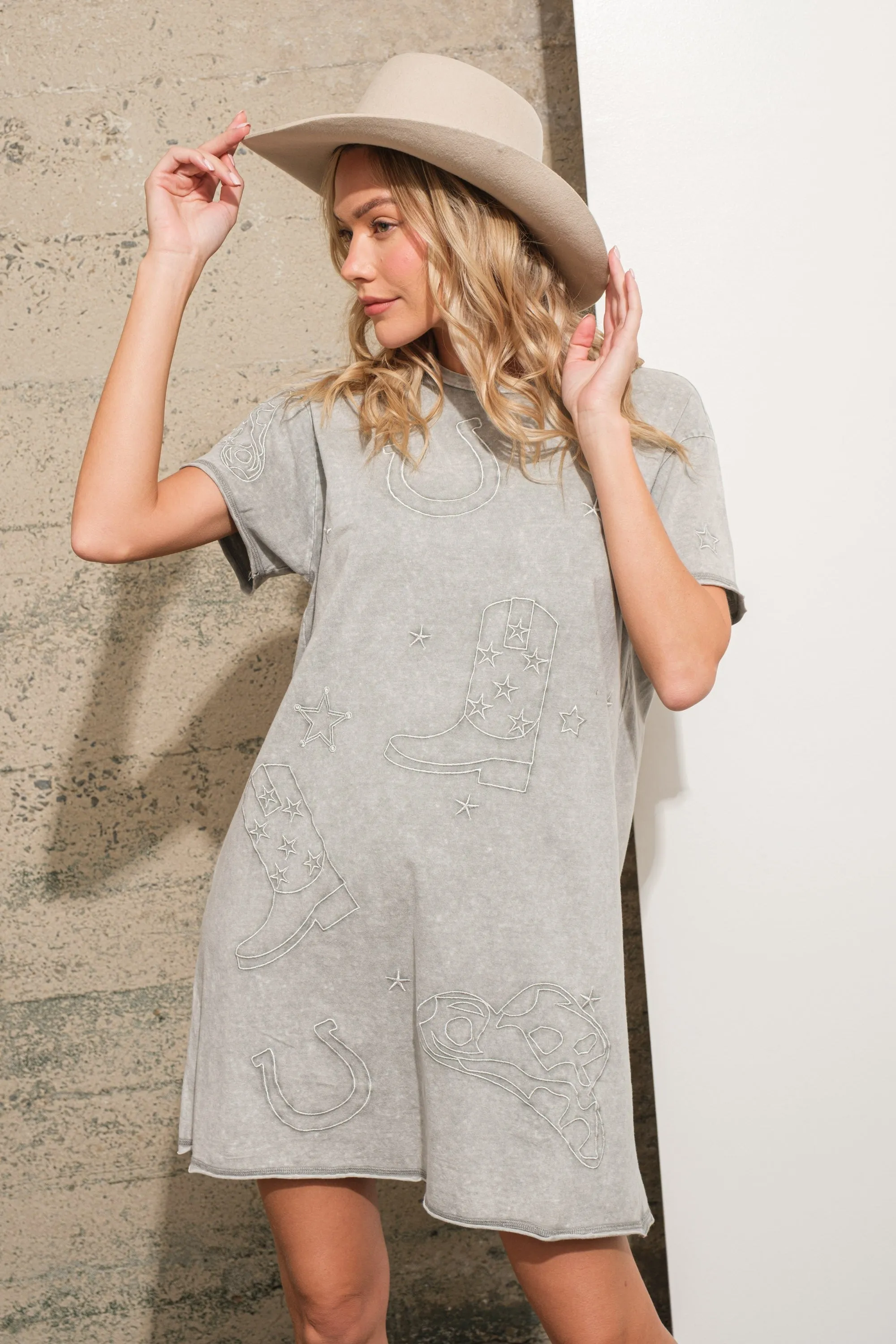 Blue B Solid Color T Shirt Dress with Western Embroidery in Grey