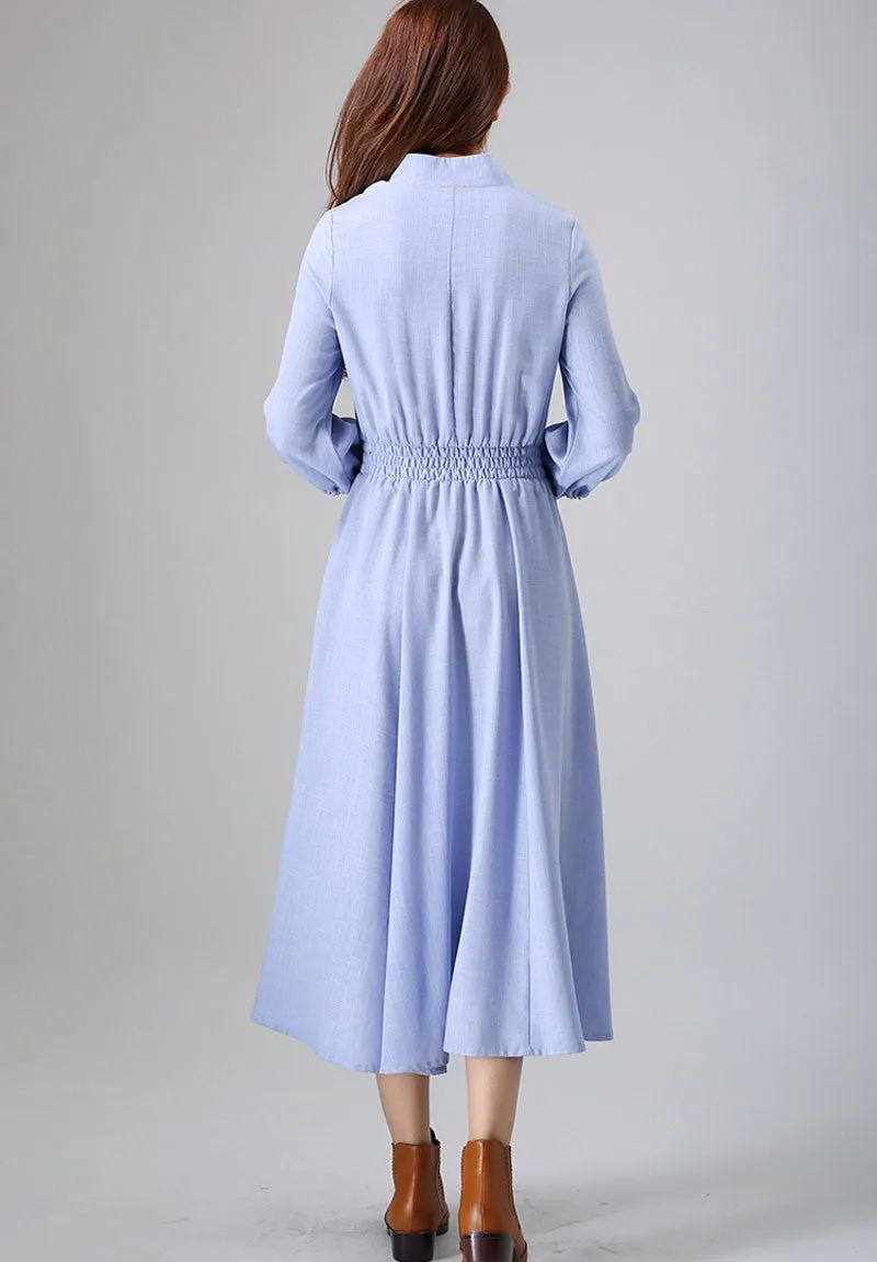 Blue linen dress woman long dress custom made casual dress 796#