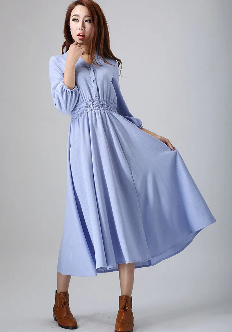 Blue linen dress woman long dress custom made casual dress 796#