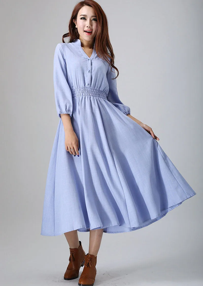 Blue linen dress woman long dress custom made casual dress 796#