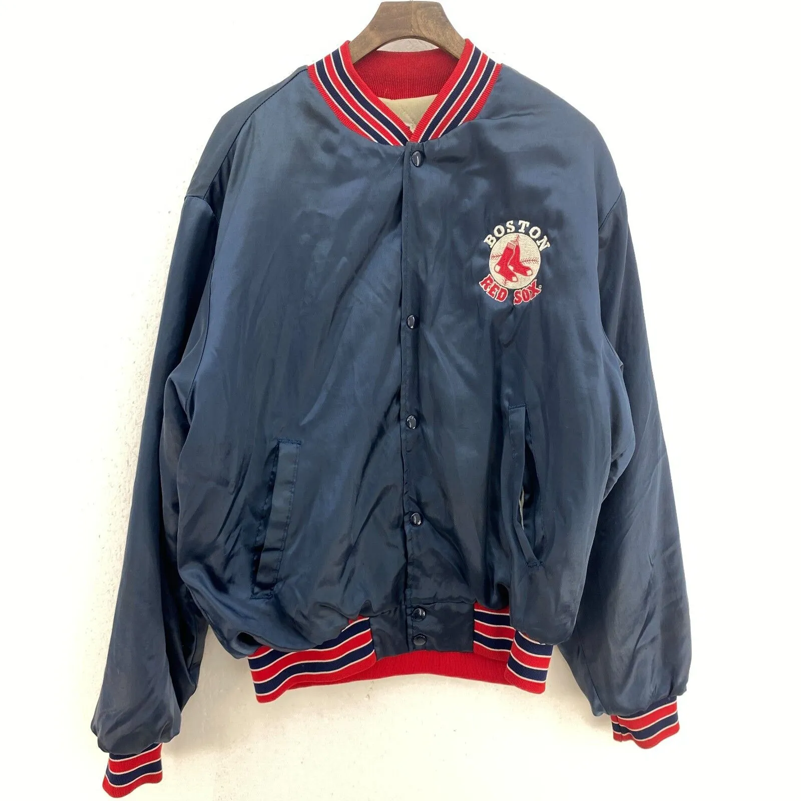 Boston Red Sox Logo MLB Vintage Navy Blue Bomber Jacket Size L Satin