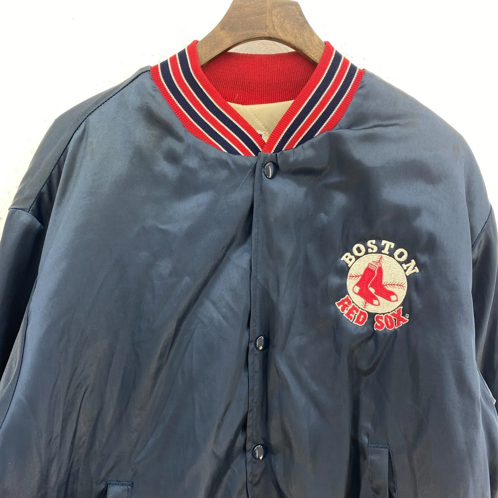 Boston Red Sox Logo MLB Vintage Navy Blue Bomber Jacket Size L Satin