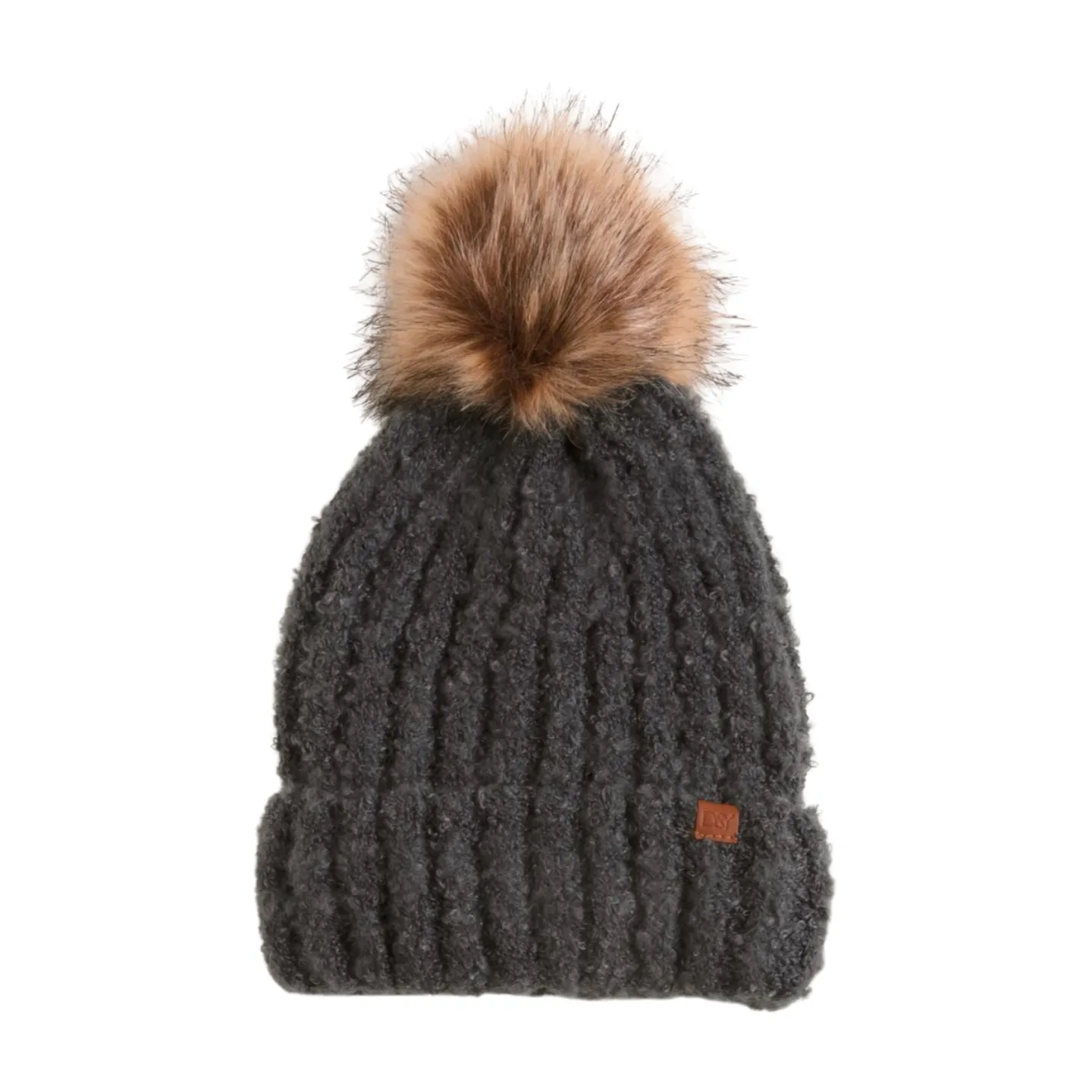 Boucle knit beanie with Faux Fur Pom