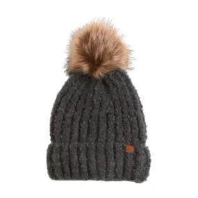 Boucle knit beanie with Faux Fur Pom