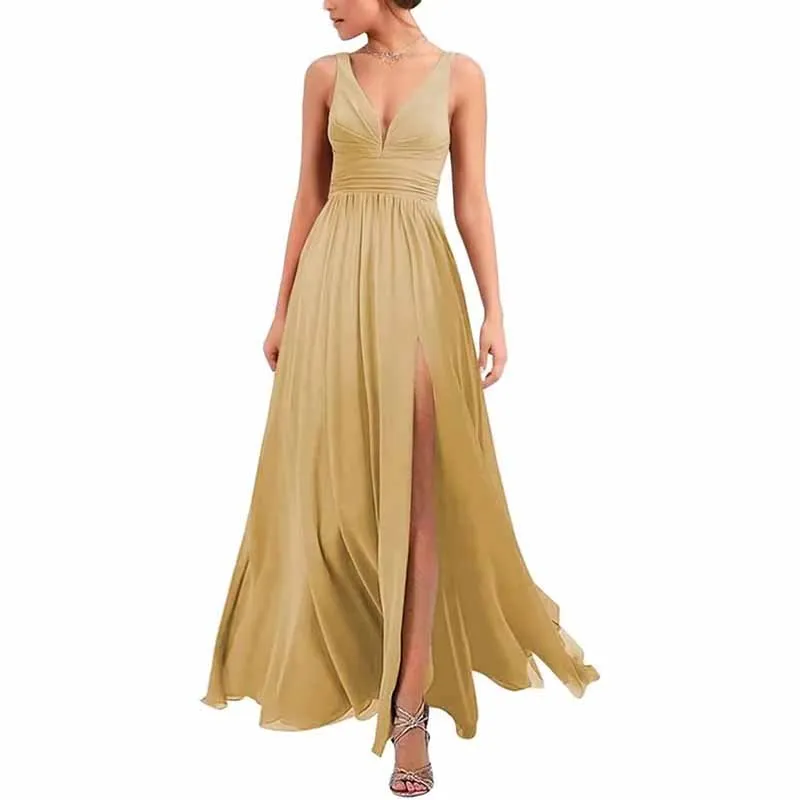 Bridesmaid Dresses Wedding Long Chiffon A Line Spaghetti Strap Wedding Evening Gown with Pockets