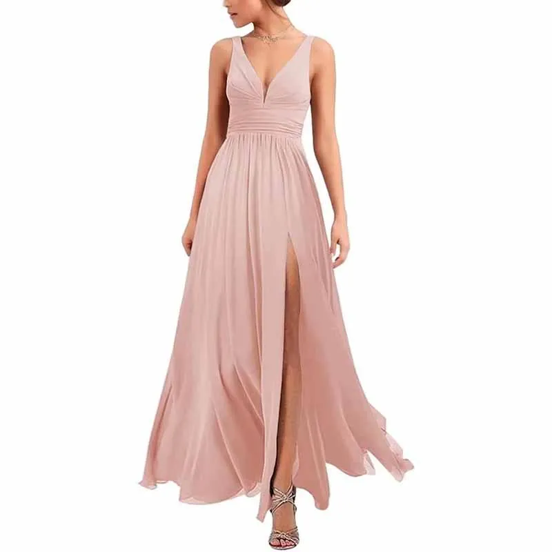 Bridesmaid Dresses Wedding Long Chiffon A Line Spaghetti Strap Wedding Evening Gown with Pockets