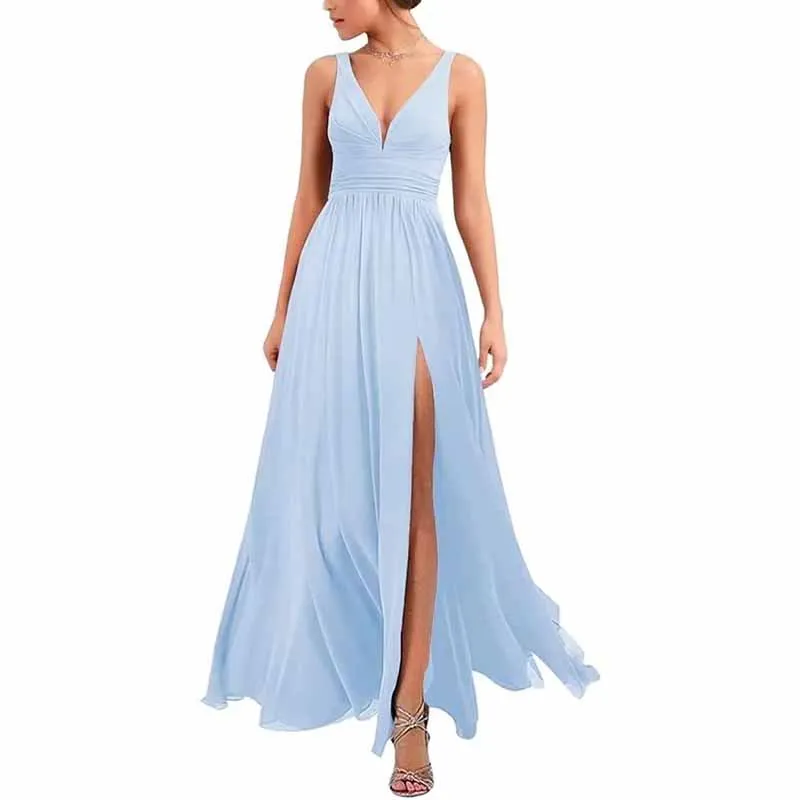 Bridesmaid Dresses Wedding Long Chiffon A Line Spaghetti Strap Wedding Evening Gown with Pockets