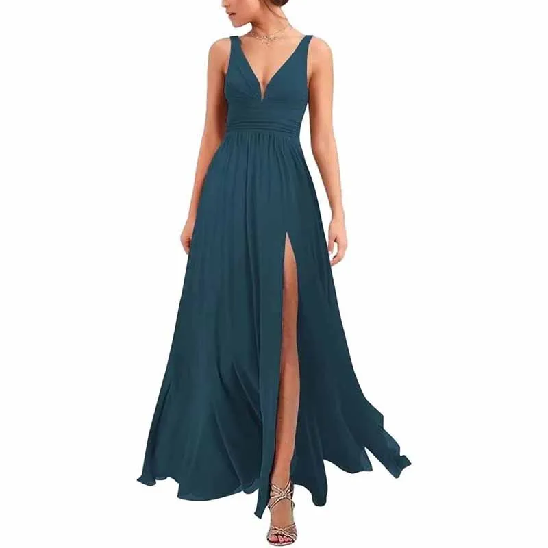 Bridesmaid Dresses Wedding Long Chiffon A Line Spaghetti Strap Wedding Evening Gown with Pockets