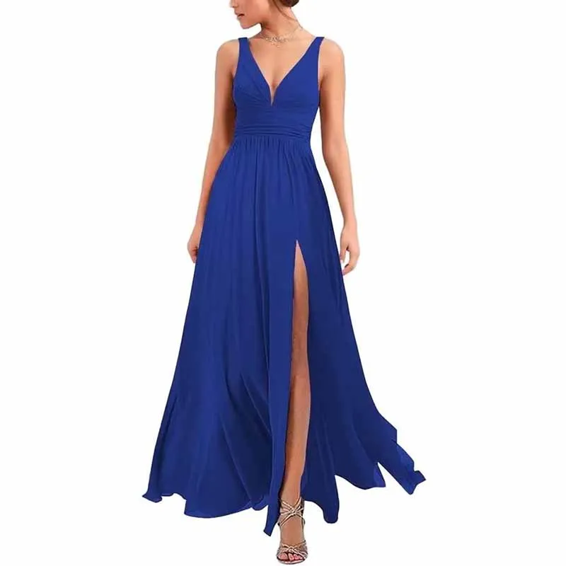 Bridesmaid Dresses Wedding Long Chiffon A Line Spaghetti Strap Wedding Evening Gown with Pockets