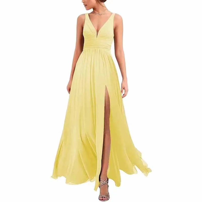 Bridesmaid Dresses Wedding Long Chiffon A Line Spaghetti Strap Wedding Evening Gown with Pockets