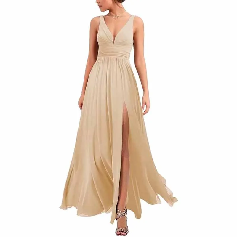 Bridesmaid Dresses Wedding Long Chiffon A Line Spaghetti Strap Wedding Evening Gown with Pockets