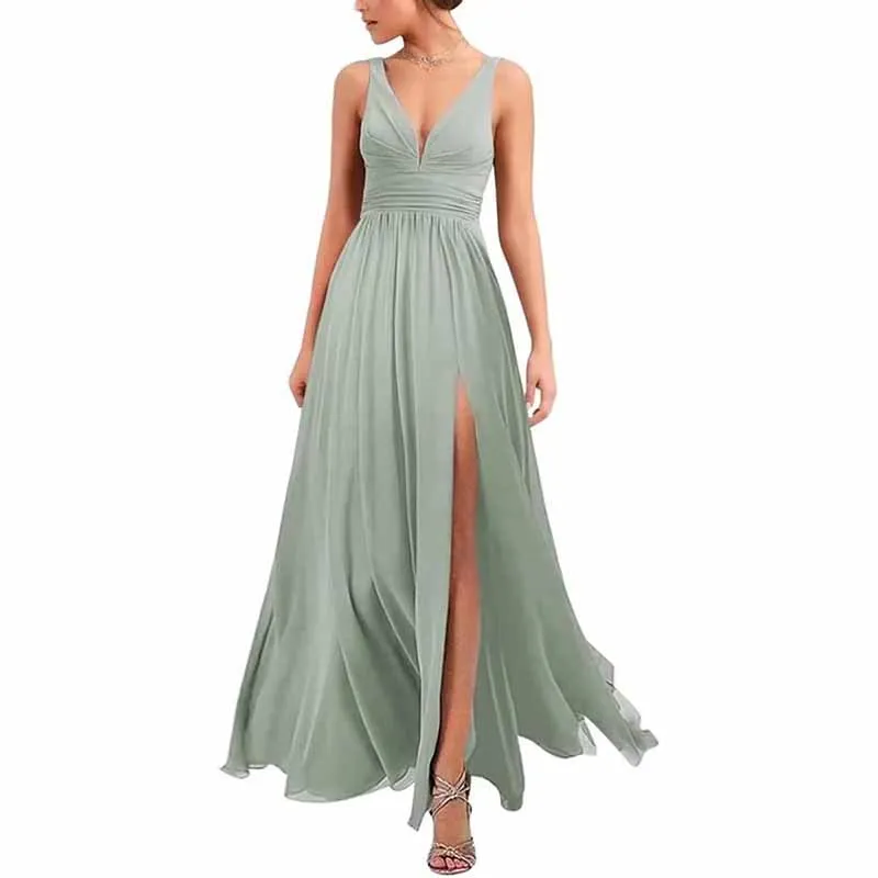 Bridesmaid Dresses Wedding Long Chiffon A Line Spaghetti Strap Wedding Evening Gown with Pockets