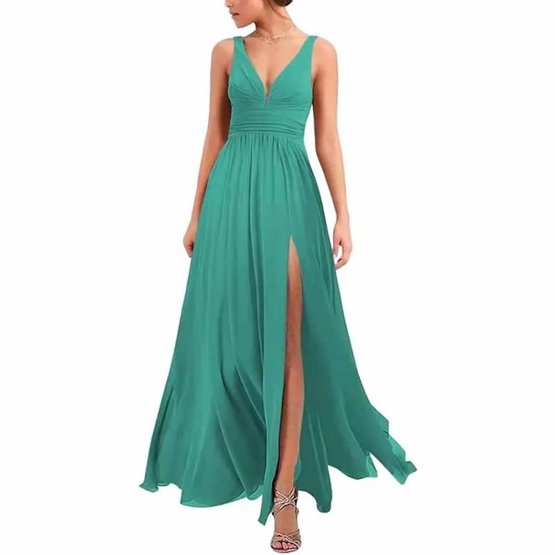 Bridesmaid Dresses Wedding Long Chiffon A Line Spaghetti Strap Wedding Evening Gown with Pockets