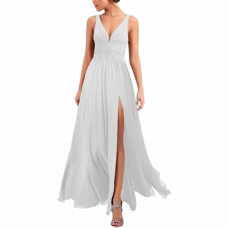 Bridesmaid Dresses Wedding Long Chiffon A Line Spaghetti Strap Wedding Evening Gown with Pockets