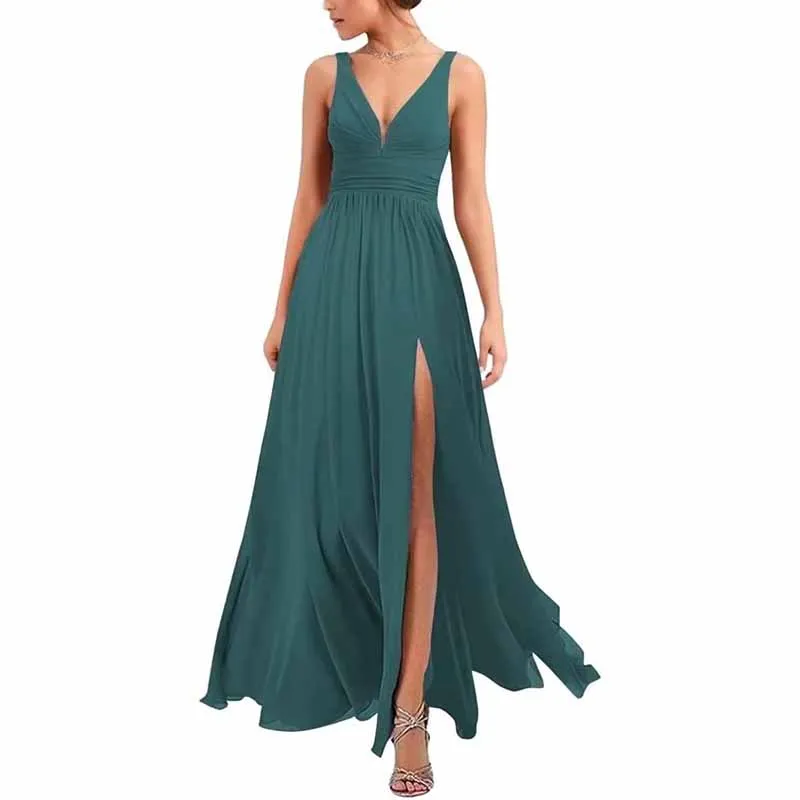 Bridesmaid Dresses Wedding Long Chiffon A Line Spaghetti Strap Wedding Evening Gown with Pockets