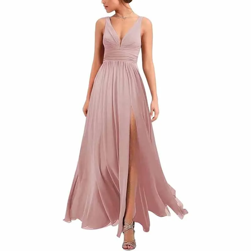 Bridesmaid Dresses Wedding Long Chiffon A Line Spaghetti Strap Wedding Evening Gown with Pockets